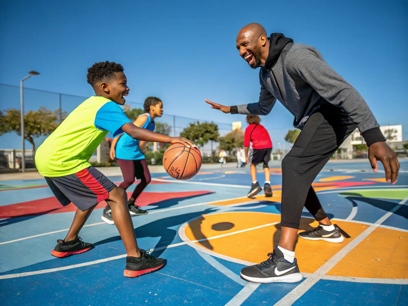 A coach instructing young athletes during a training session, emphasizing technique and focus. The coach is demonstrating a specific skill, and the athletes are attentively following his instructions.