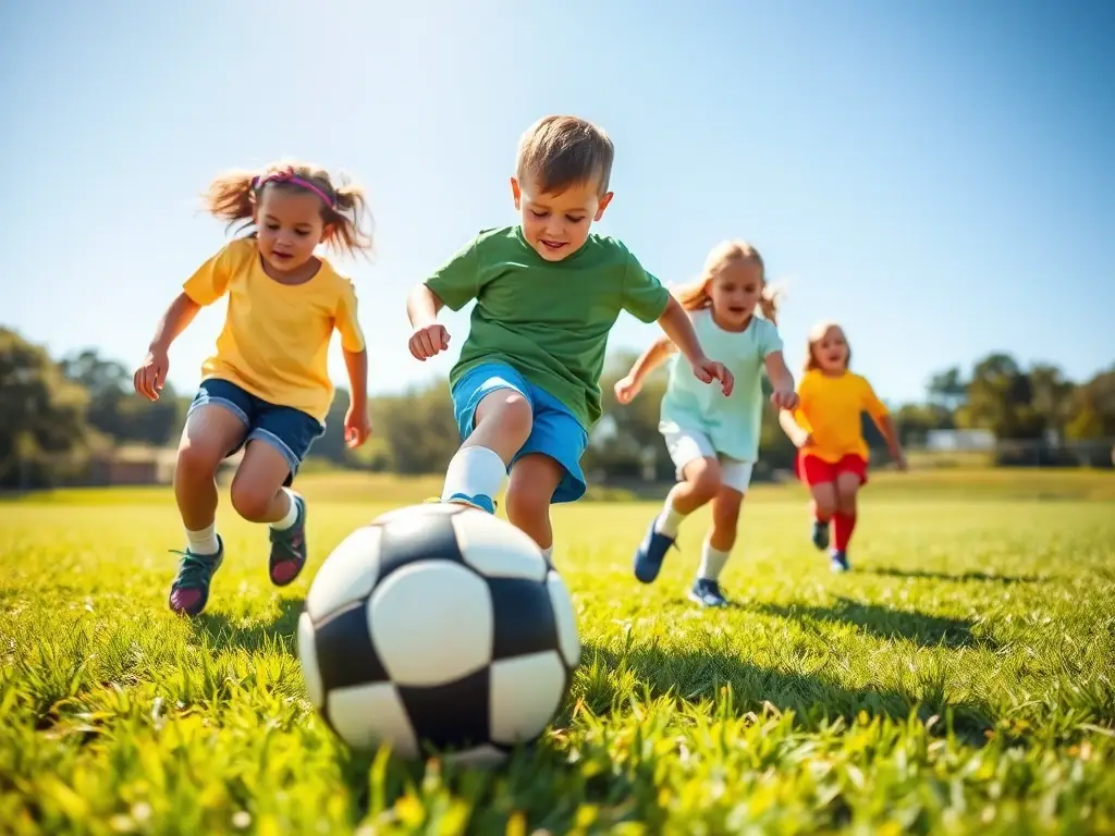 A vibrant image of children playing soccer on a sunny field, showcasing teamwork and enthusiasm. The children are wearing sports uniforms and are actively engaged in the game, with a clear blue sky in the background.