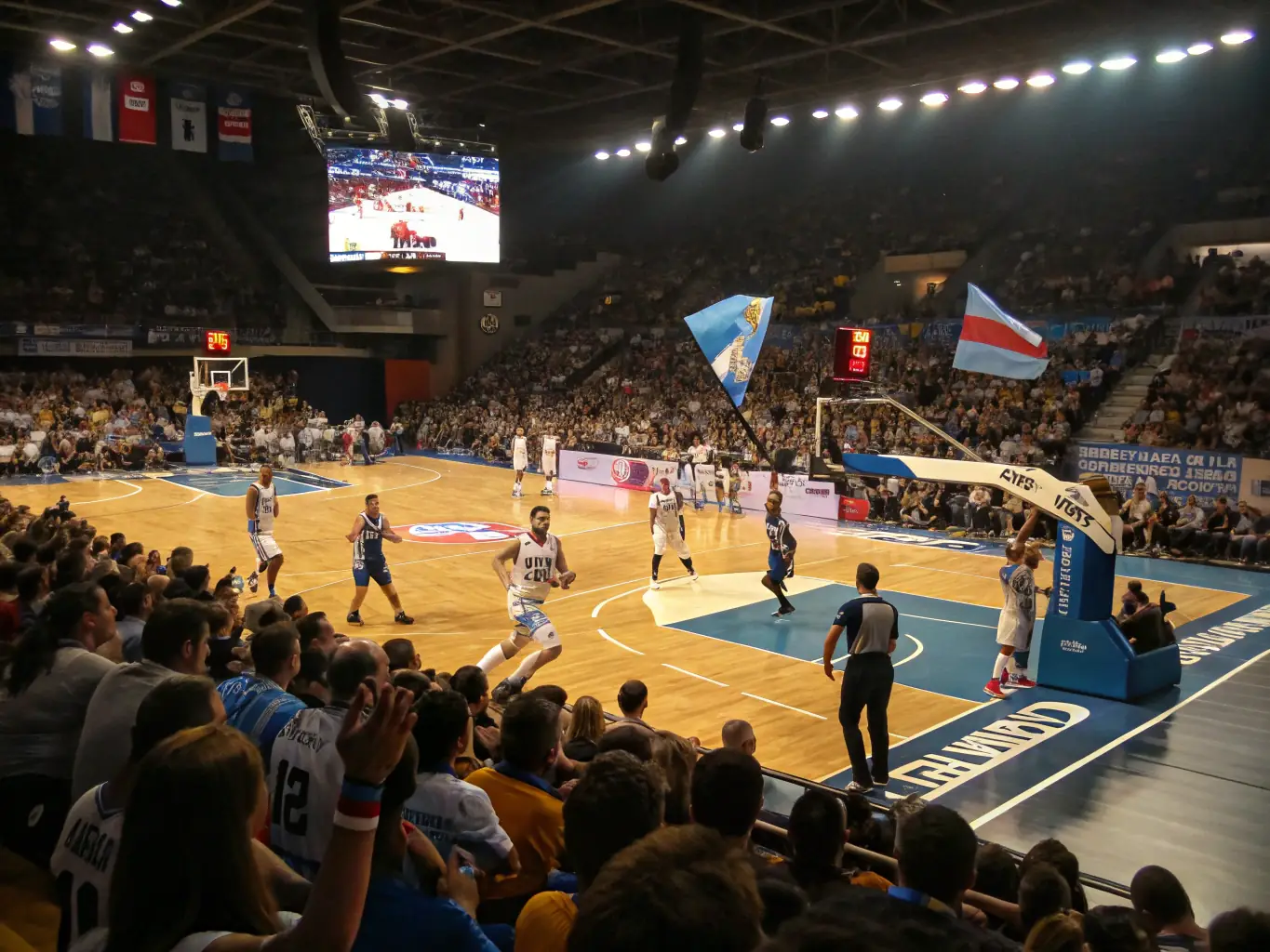 An energetic image of a community basketball tournament with spectators cheering. The image captures the excitement and competitive spirit of the event, with diverse participants and enthusiastic supporters.